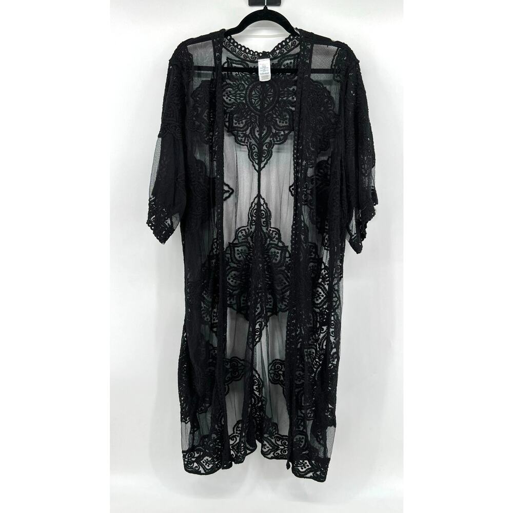 Women's Open Front Sheer Layering Long Line Kimono Top Size L/XL Black